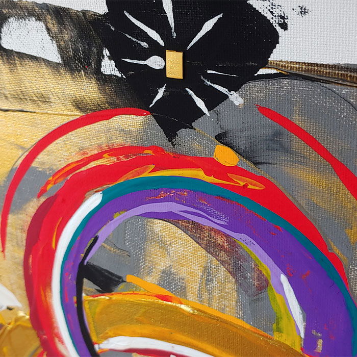 Dynamic expressionist artwork with bold reds, yellow, and purple. Textured palette knife technique with abstract figures in movement. Figurativ, Expressionismus style, Spachteltechnik.