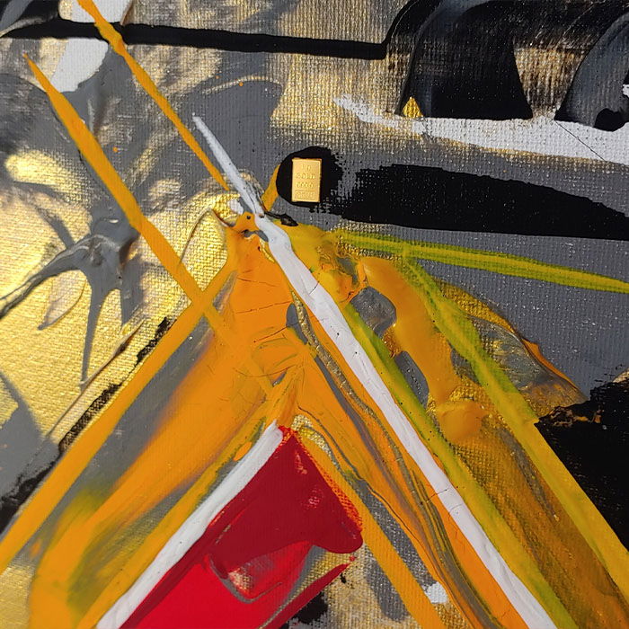 Expressionist palette knife painting; vibrant colors, bold geometric forms, textured layers create dynamic movement and contrast. Figurativ, Expressionismus style, Spachteltechnik.