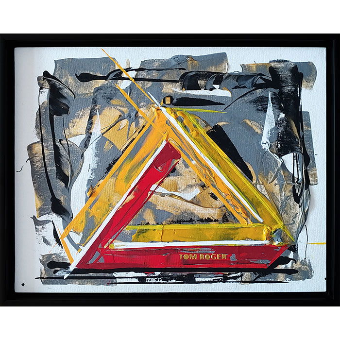 Expressionist figurative artwork with vibrant geometric triangles in gold, red, gray; dynamic texture with bold lines in a frame. Figurativ, Expressionismus style, Spachteltechnik.