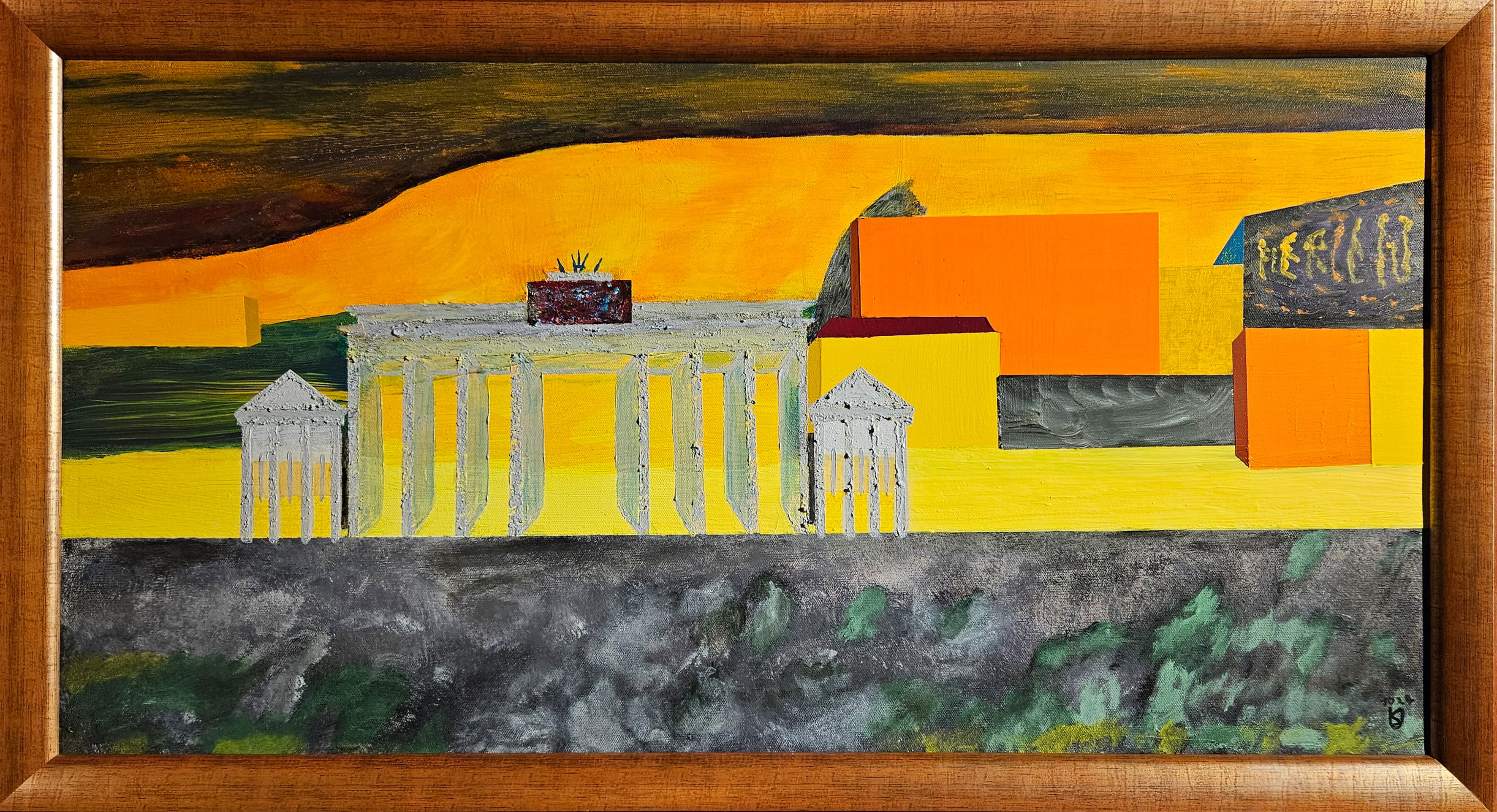 Abstract-figurative acrylic on canvas: yellow and orange architecture with pillars, horizon, and surreal structures. Framed artwork. Abstrakt-Figurativ style, Acryl auf Leinwand gerahmt.