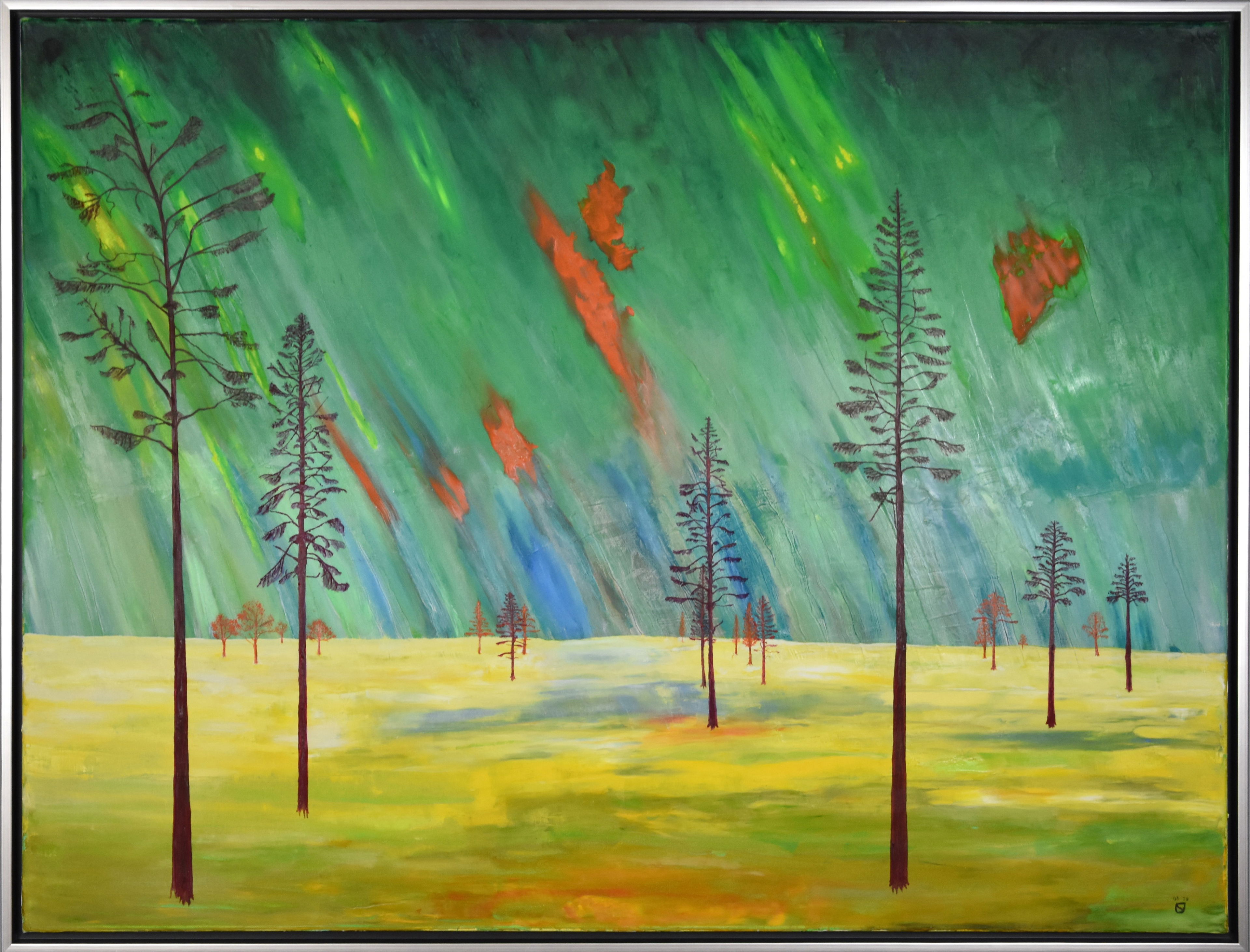 Framed oil painting of serene landscape with vibrant green and yellow hues, scattered trees beneath a swirling abstract sky. Figurativ style, Öl auf Leinwand gerahmt.