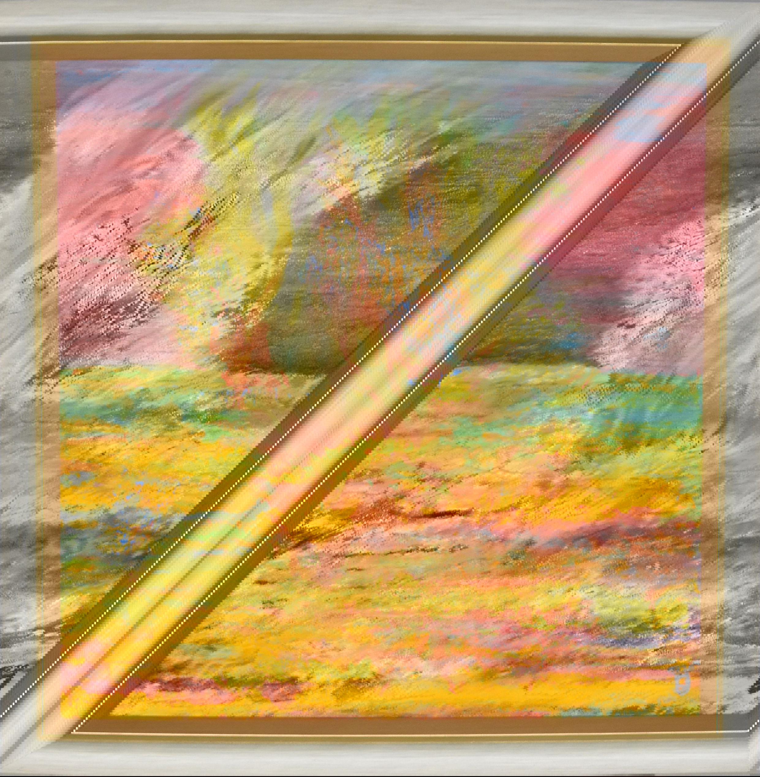 A tempest of vibrant colors erupts in a symphony of crimson, saffron, and emerald hues, embodying an ethereal flux between light and shadow on the canvas. Artwork style is Abstrakt and technique Öl auf Leinwand.