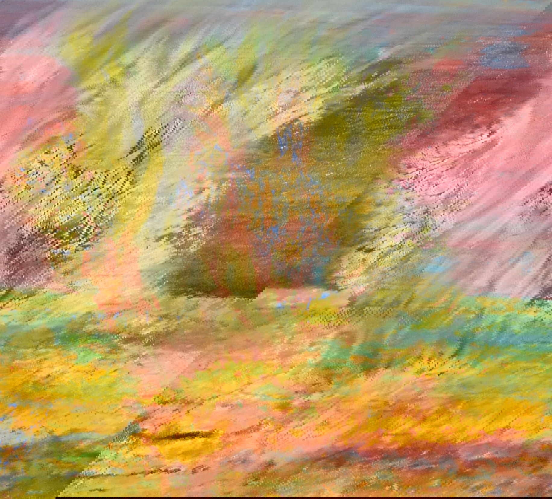 Abstract oil painting with yellow, crimson brushstrokes depicting nature's vibrant explosion, texture, movement, and contrast. Abstrakt style, Öl auf Leinwand.