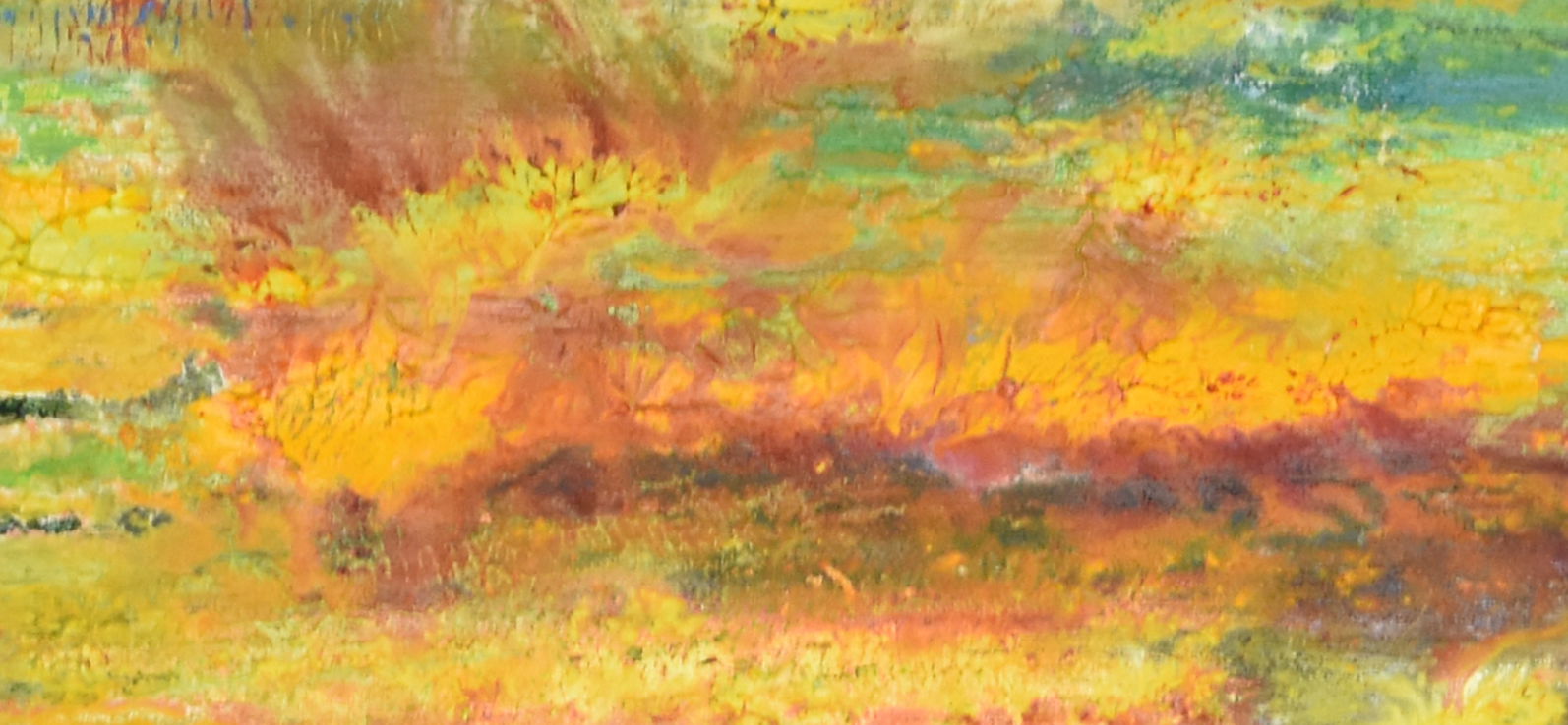 Vibrant abstract oil painting with dynamic yellow and crimson brushstrokes, evoking energy, nature's vitality and fiery emotions. Abstrakt style, Öl auf Leinwand.