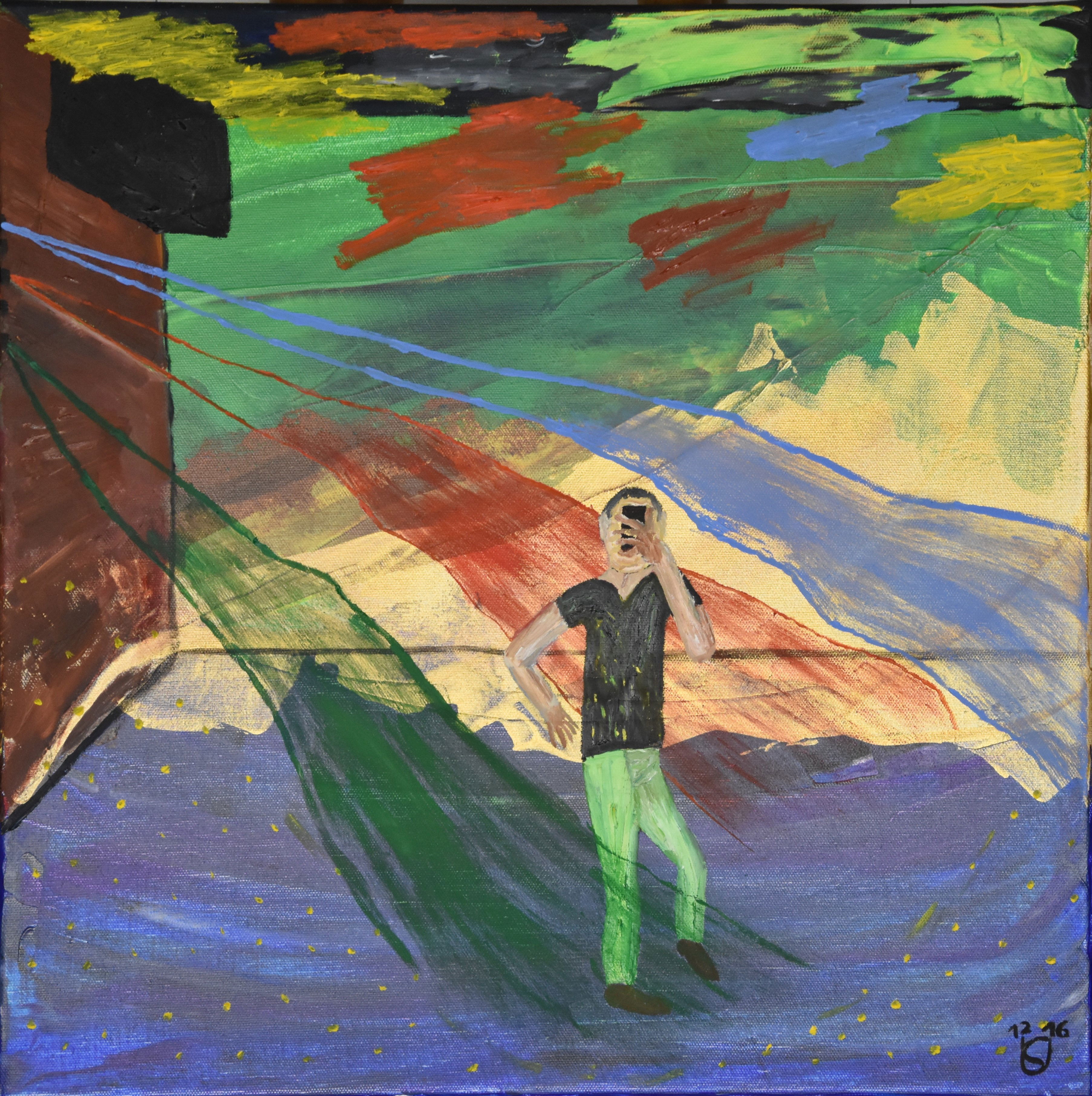 Acrylic figurative painting on canvas, depicting a man with a phone amid vibrant colors, shadows, and dynamic brushstrokes of night. Figurativ style, Acryl auf Leinwand.