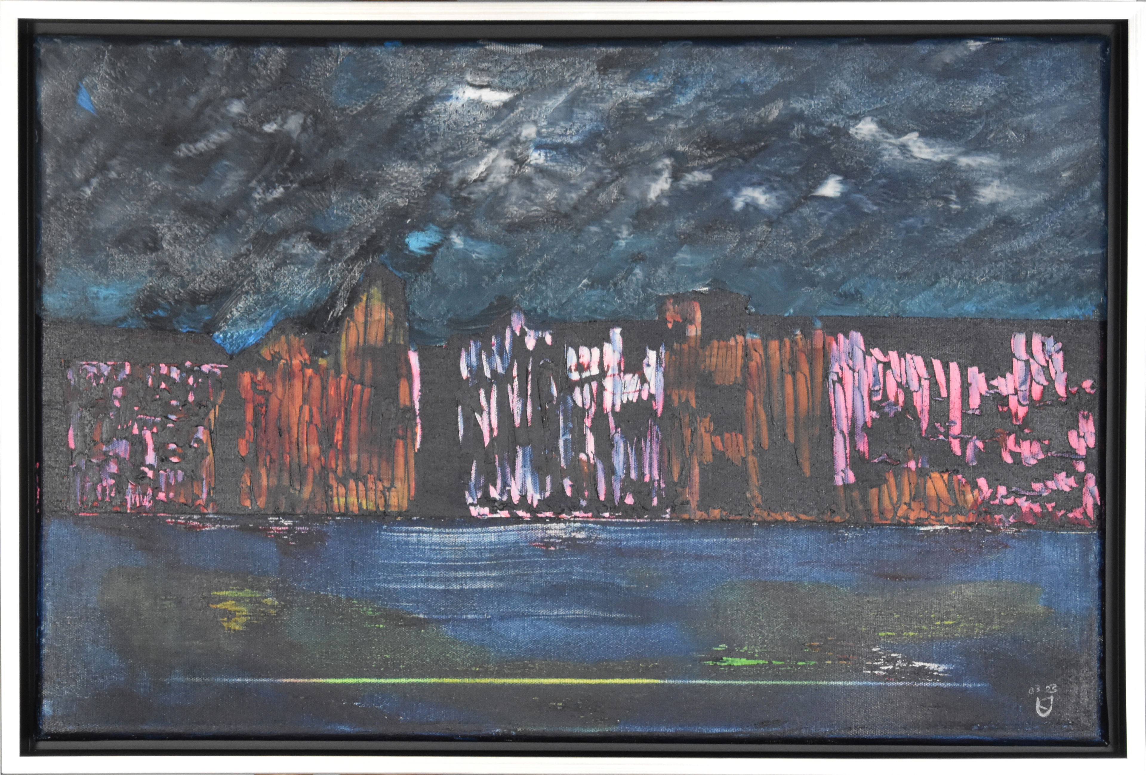 Acrylic on canvas minimalism painting depicting a nightscape city skyline with layered textures, brooding skies, and subtle reflections, evoking twilight whispers. Artwork style is Minimalismus and technique Acryl auf Leinwand.