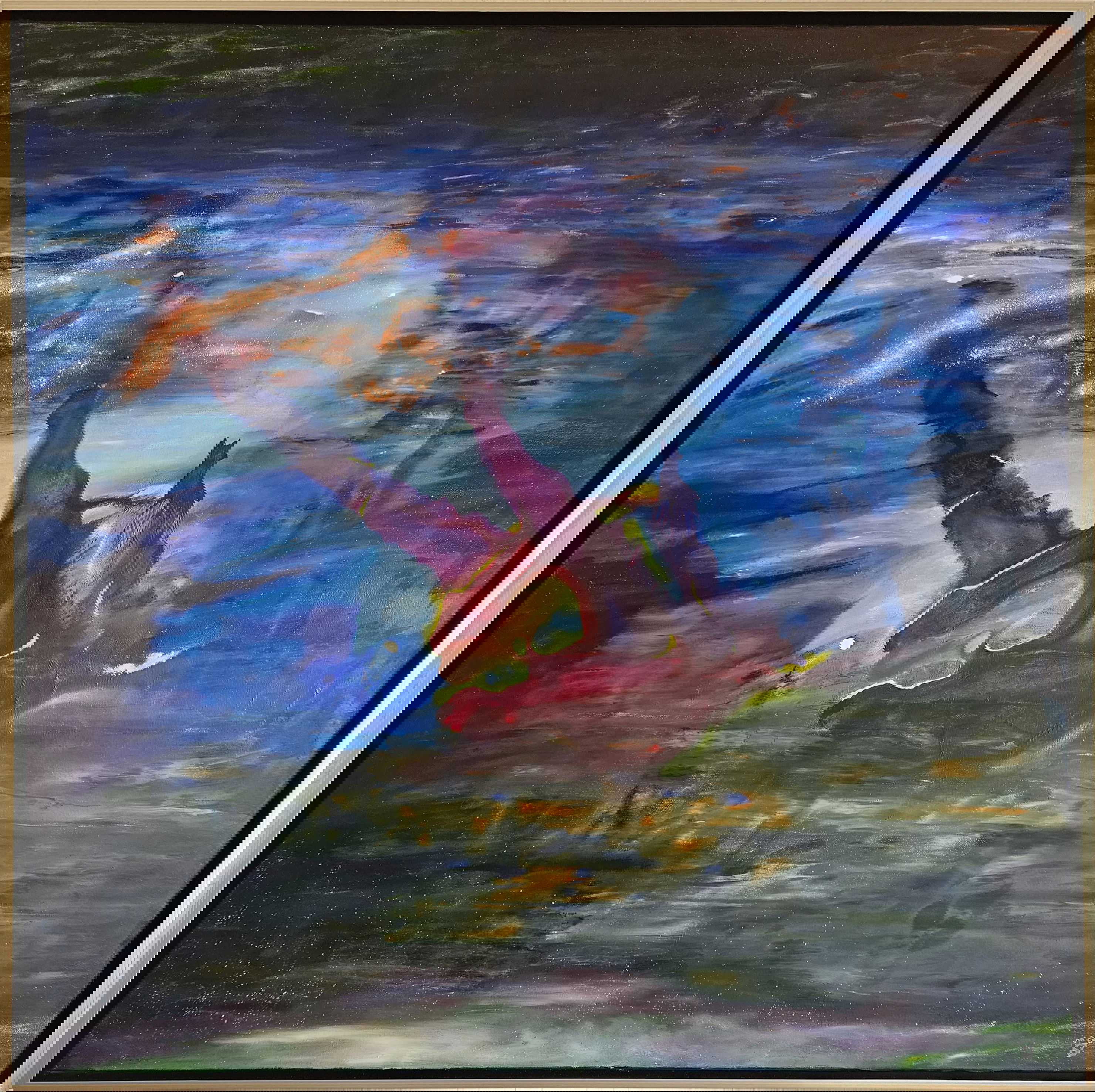 Abstract oil painting with vivid hues blending into ethereal swirls, evoking cosmos and dreamscape reflections in framed immersion. Abstrakt style, Öl auf Leinwand gerahmt.