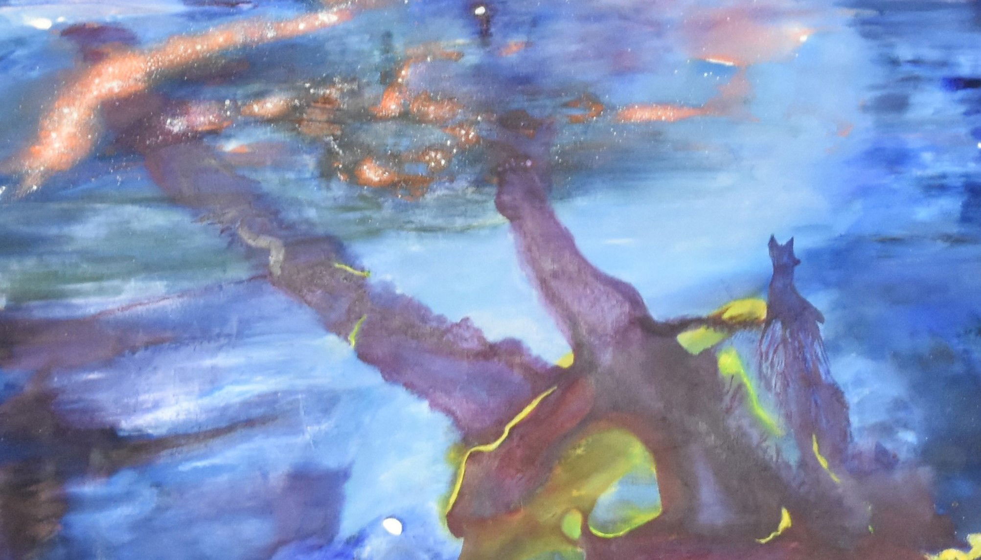 Ethereal abstract oil painting; vivid blues, purples, and cosmic hues converge into a nebula-like dreamscape with luminous reflections. Abstrakt style, Öl auf Leinwand gerahmt.