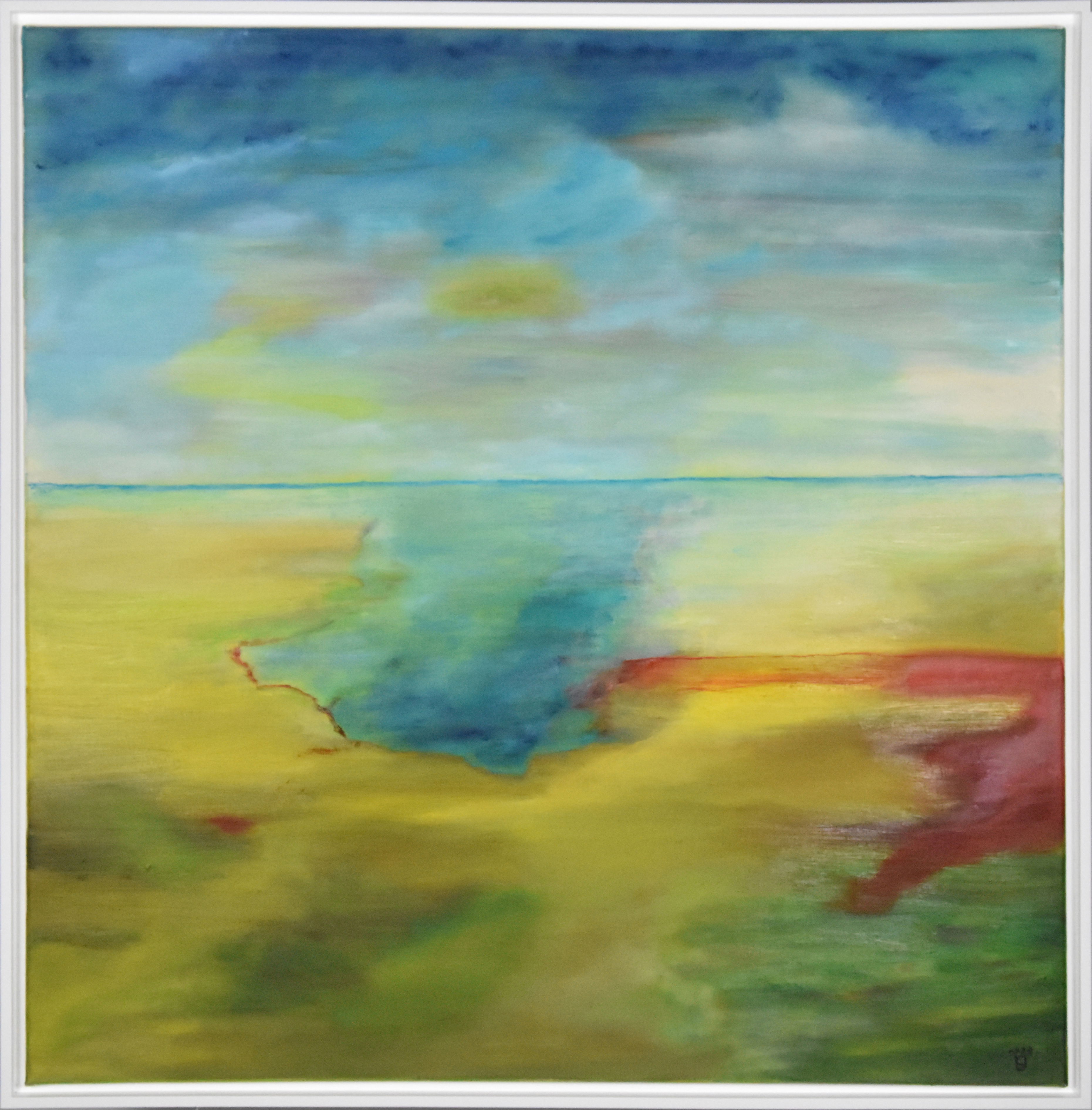 Abstract oil painting on canvas, blending blues and yellows, conveying oceanic serenity with textured, dreamlike horizon landscape. Abstrakt style, Öl auf Leinwand.