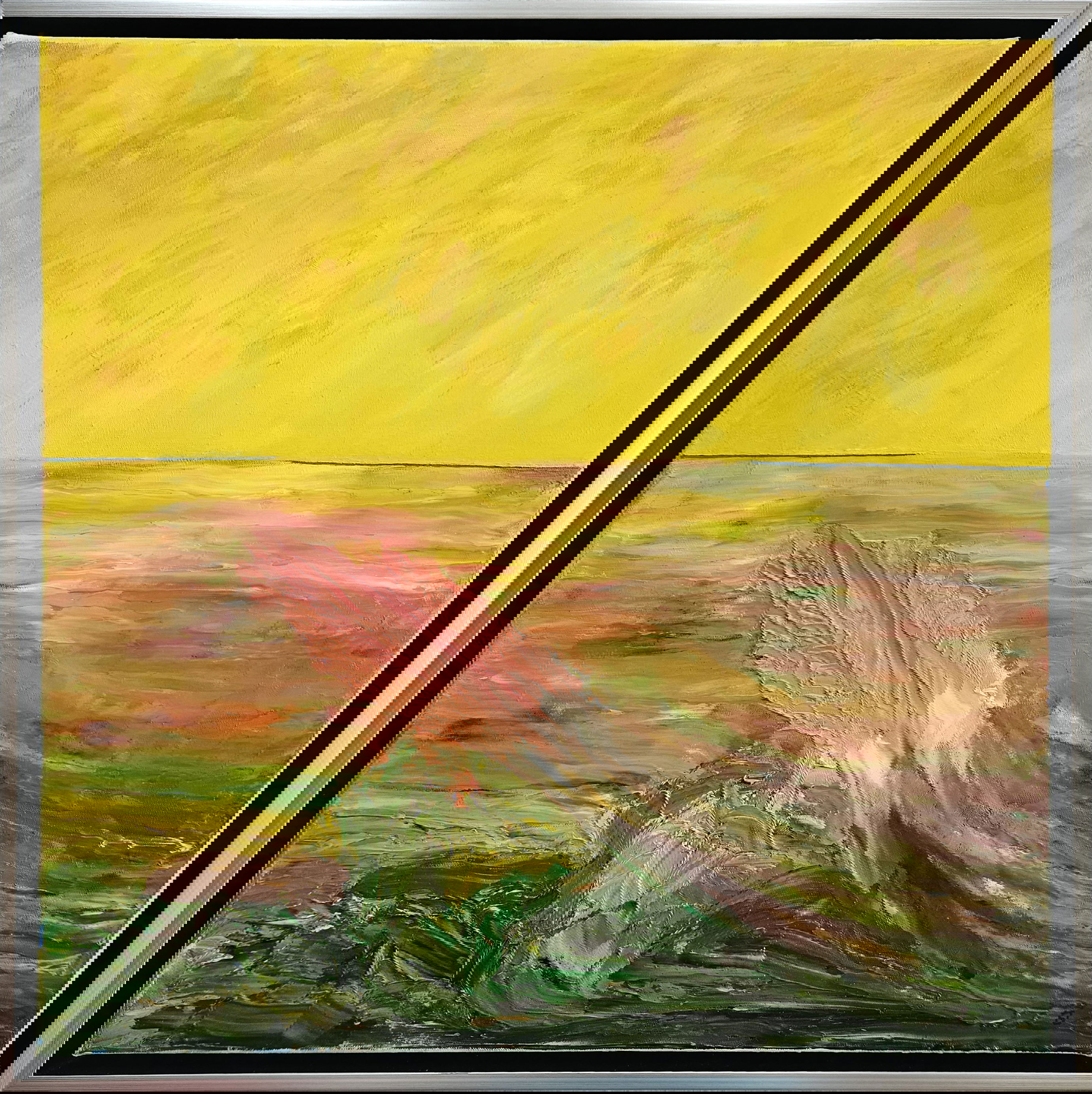 Abstract oil on canvas with vibrant yellow and pink hues, textured brushstrokes, capturing an ethereal landscape in a serene frame. Abstrakt style, Öl auf Leinwand gerahmt.