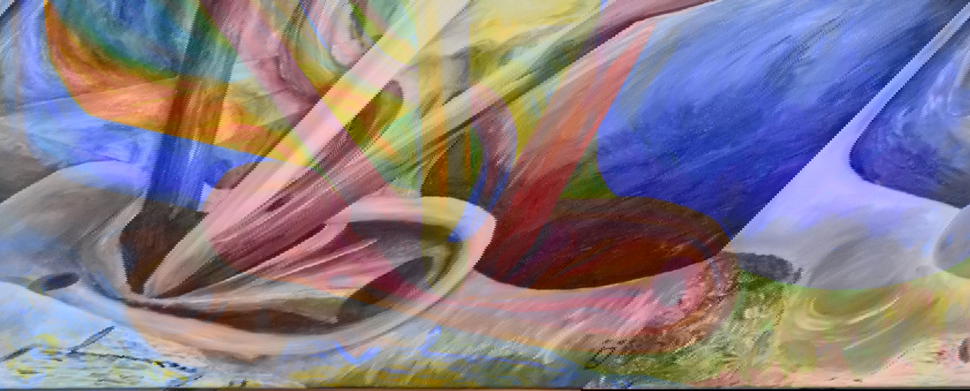 Abstract oil painting; vivid red, blue, yellow intertwining shapes, knotted pipes, fluidity, depth, surreal juxtaposition. Abstrakt style, Öl auf Leinwand.