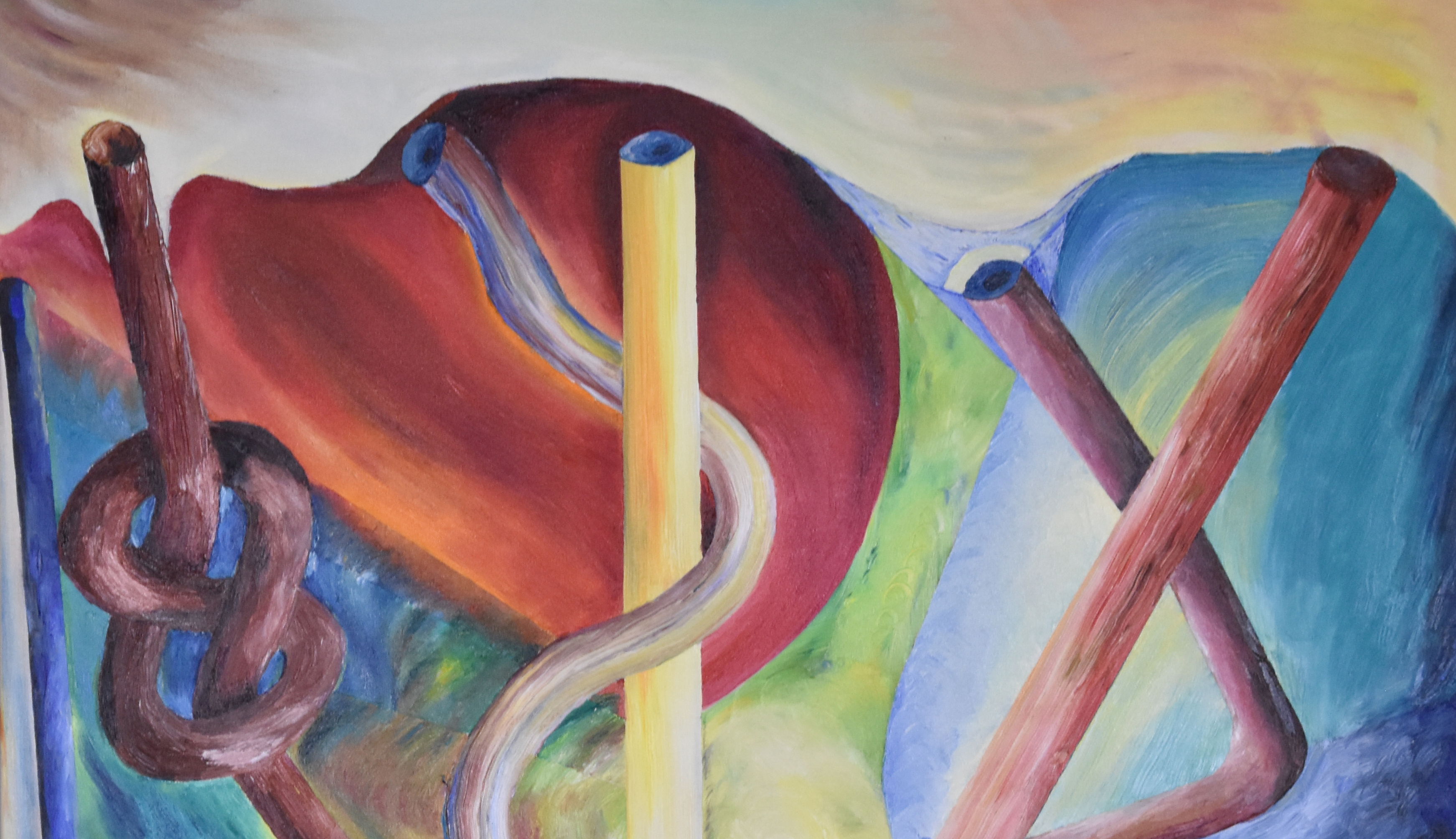 Abstract oil painting with knotted vibrant pipes, red, blue, yellow swirls, showcasing fluidity, depth, and enigmatic surrealism. Abstrakt style, Öl auf Leinwand.