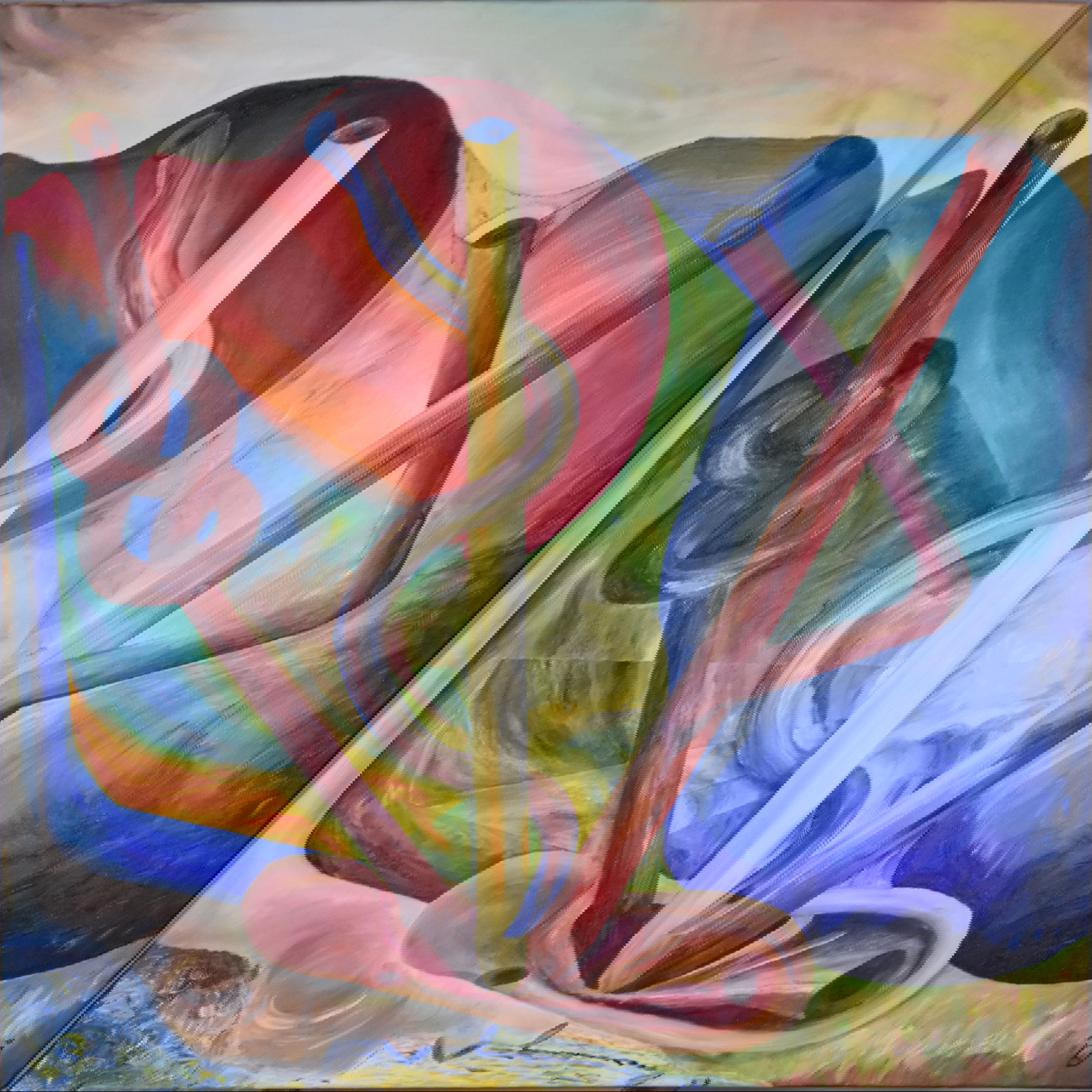Abstract oil painting with vibrant colors, knotted pipes, and serpentine forms creating an enigmatic fluidity and surreal depth. Abstrakt style, Öl auf Leinwand.