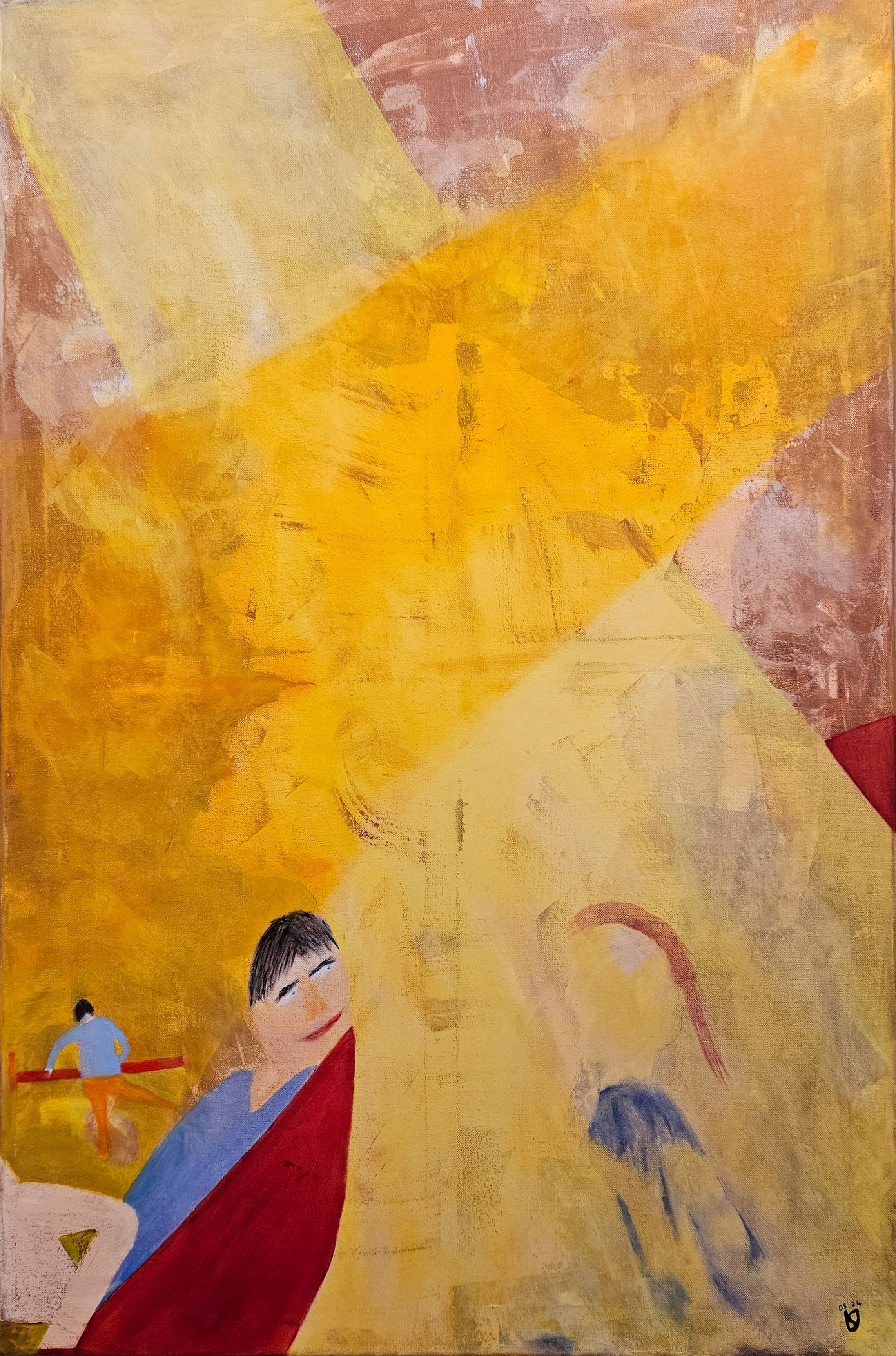 Abstract canvas art in acrylic and oil, featuring figures, faces, and emotions in vibrant yellows and reds with geometric forms. Abstrakt-Figurativ style, Acryl und Öl auf Leinwand.