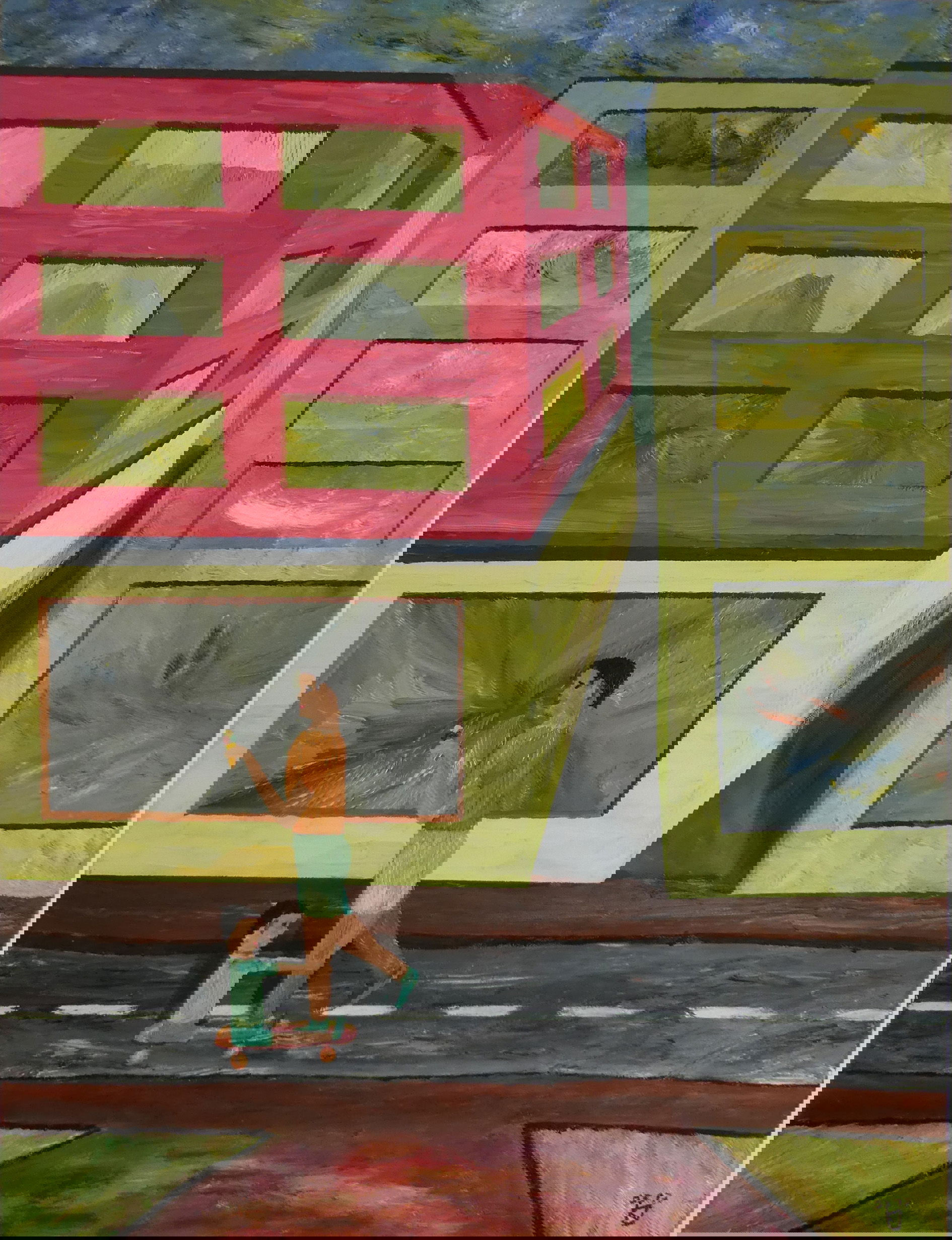 Father and child enjoy an urban stroll with ice cream on a scooter, acrylic on canvas depicting vibrant city life. Figurativ style, Acryl auf Leinwand.