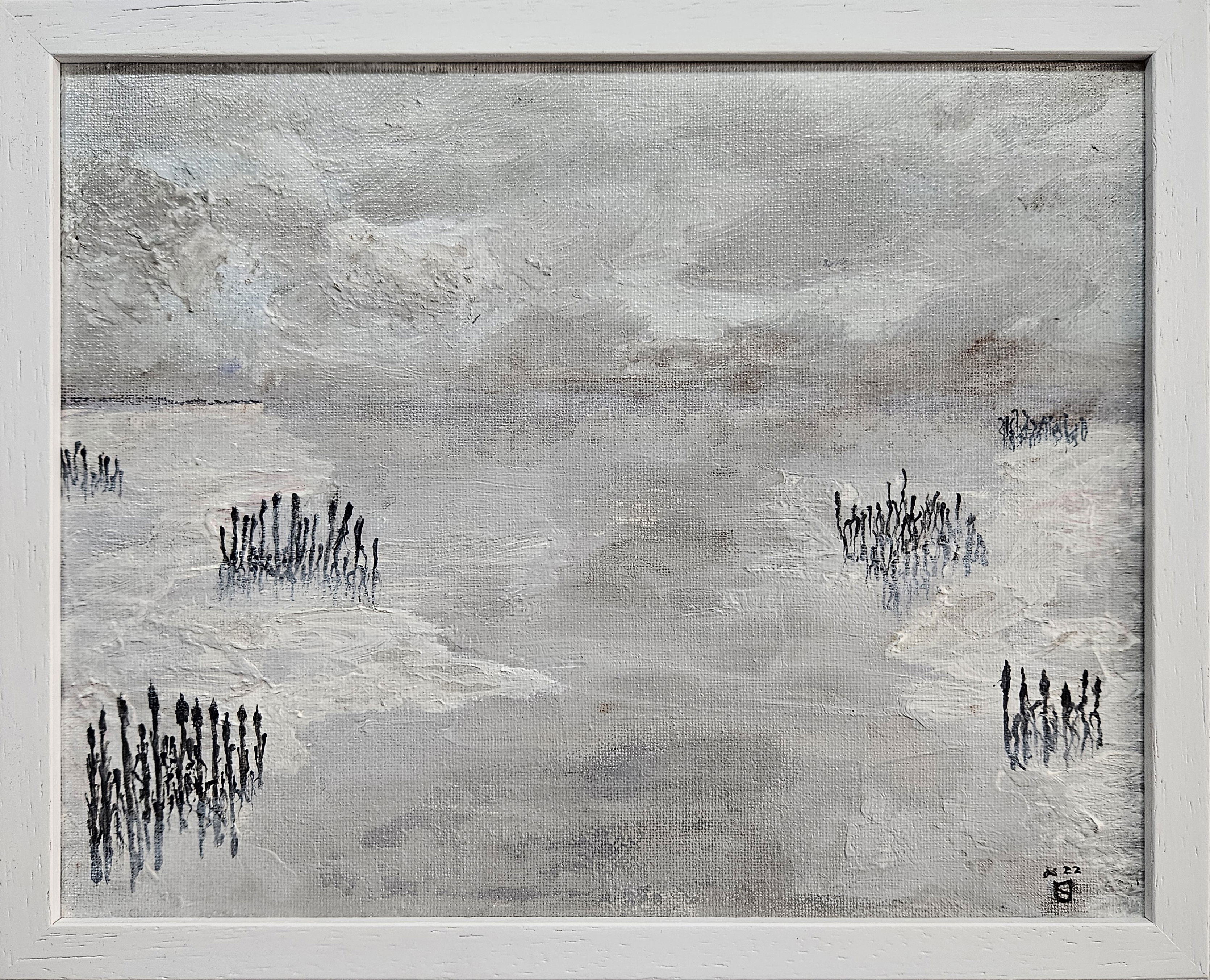 Abstract mixed media on canvas depicting a serene, desolate landscape with subtle textures, minimalist reeds, and echoes of stillness, invoking quiet contemplation. Artwork style is Abstrakt and technique Mischtechnik auf Leinwand .