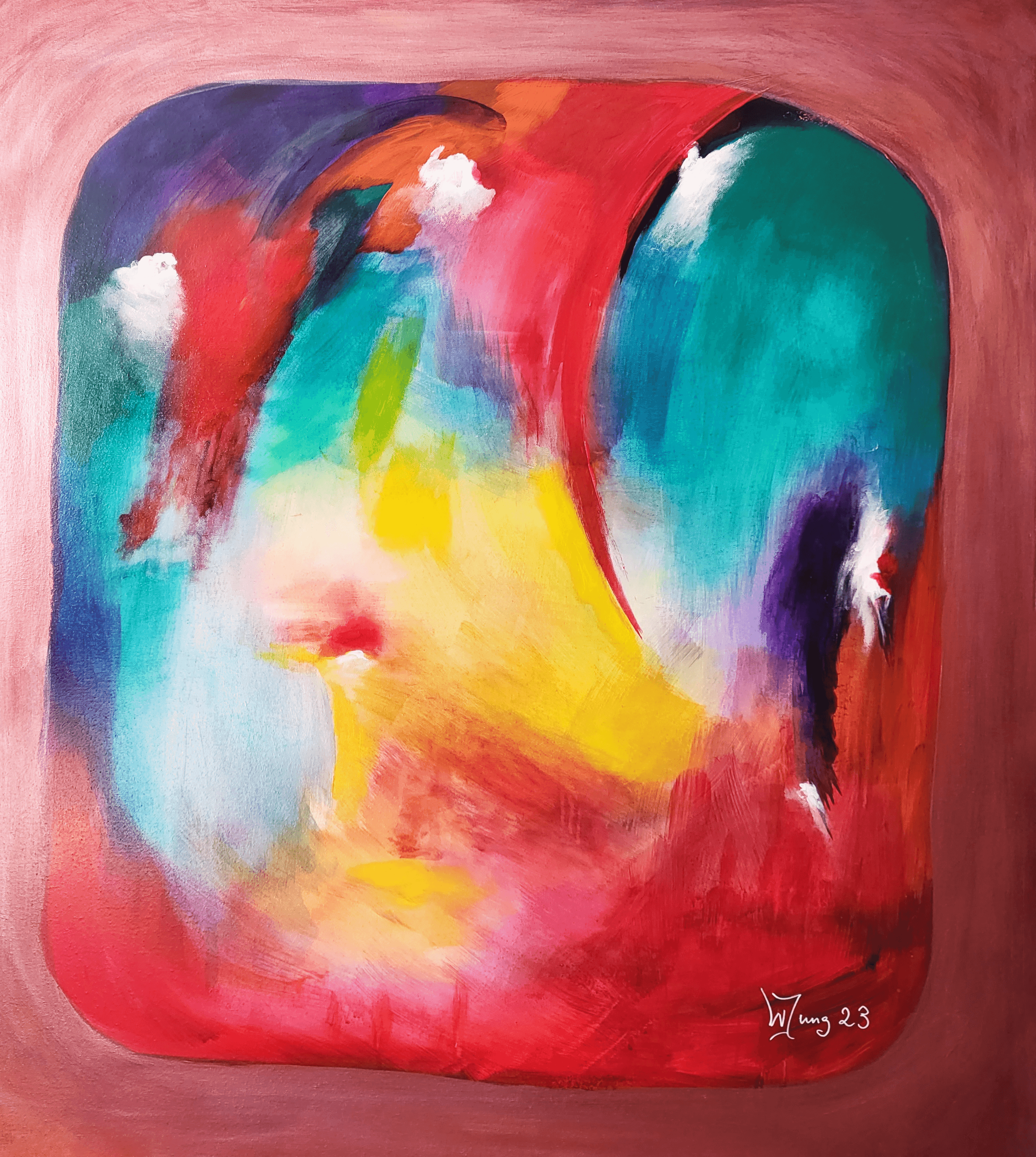 Vibrant abstract acrylic painting with dynamic strokes and vivid hues, blending warm and cool tones, creating a harmonious dance of colors and emotions on canvas. Artwork style is Abstrakt and technique Acryl auf Leinwand.