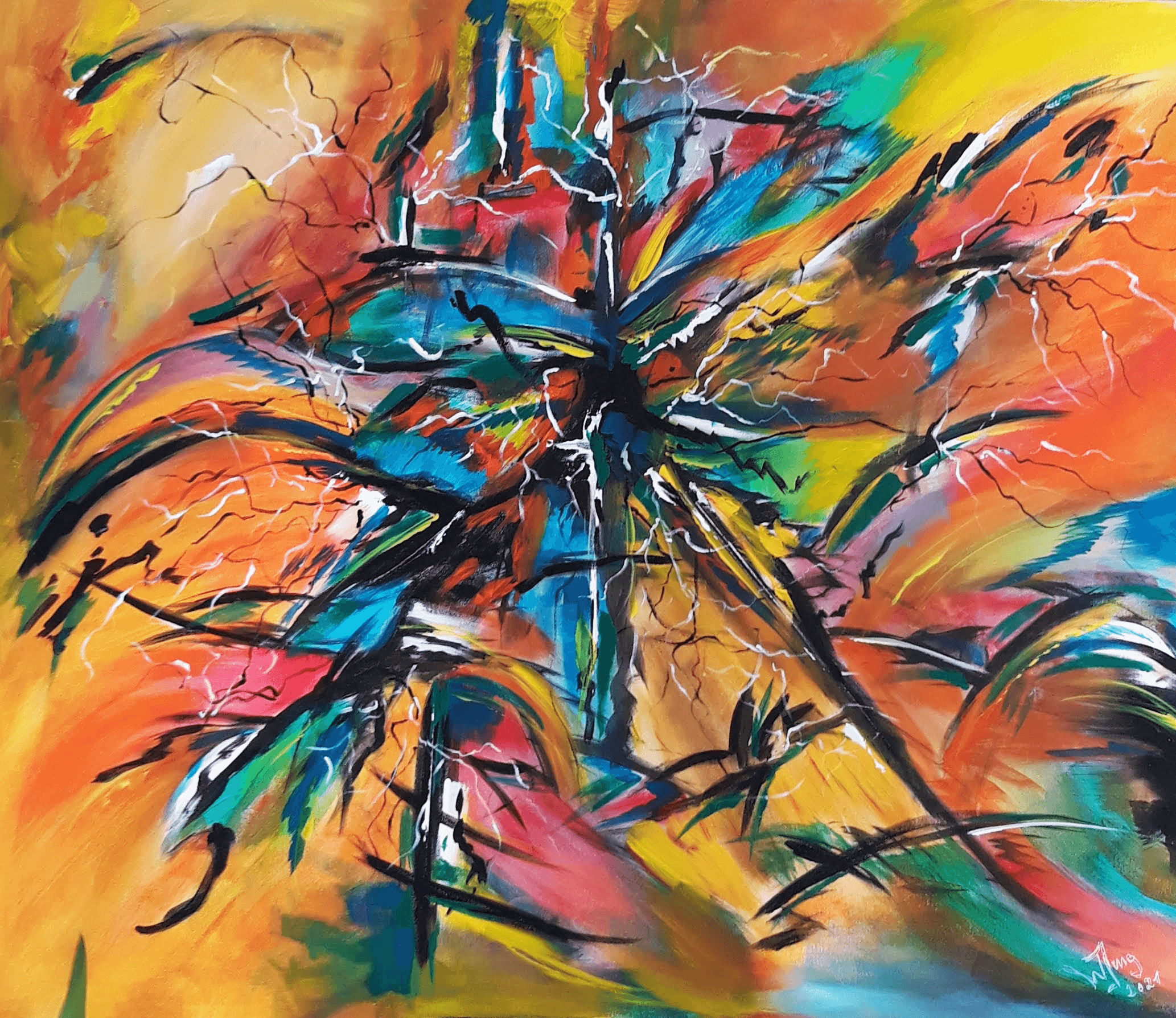 A vibrant explosion of colors and energy, this acrylic abstract on canvas conjures an intense vortex of brushstrokes, converging in a luminous display of chaos and dynamism. Artwork style - Abstrakt and technique Acryl auf Leinwand.