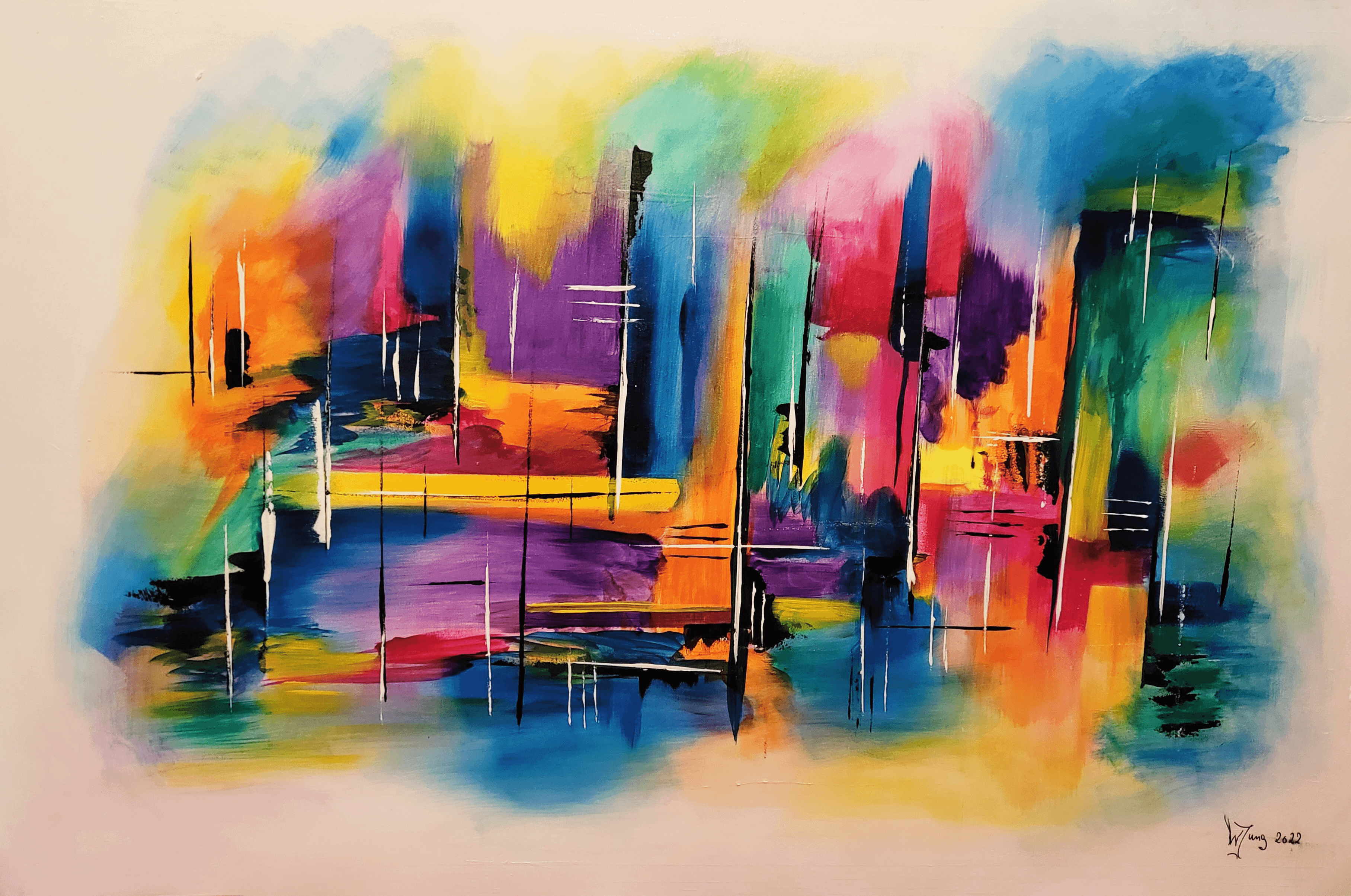 An abstract acrylic painting on canvas, bursting with vibrant hues and luminescent gradients. It features striking intersections of chromatic geometries and ethereal cascades of color. Artwork style - Abstrakt and technique Acryl auf Leinwand.