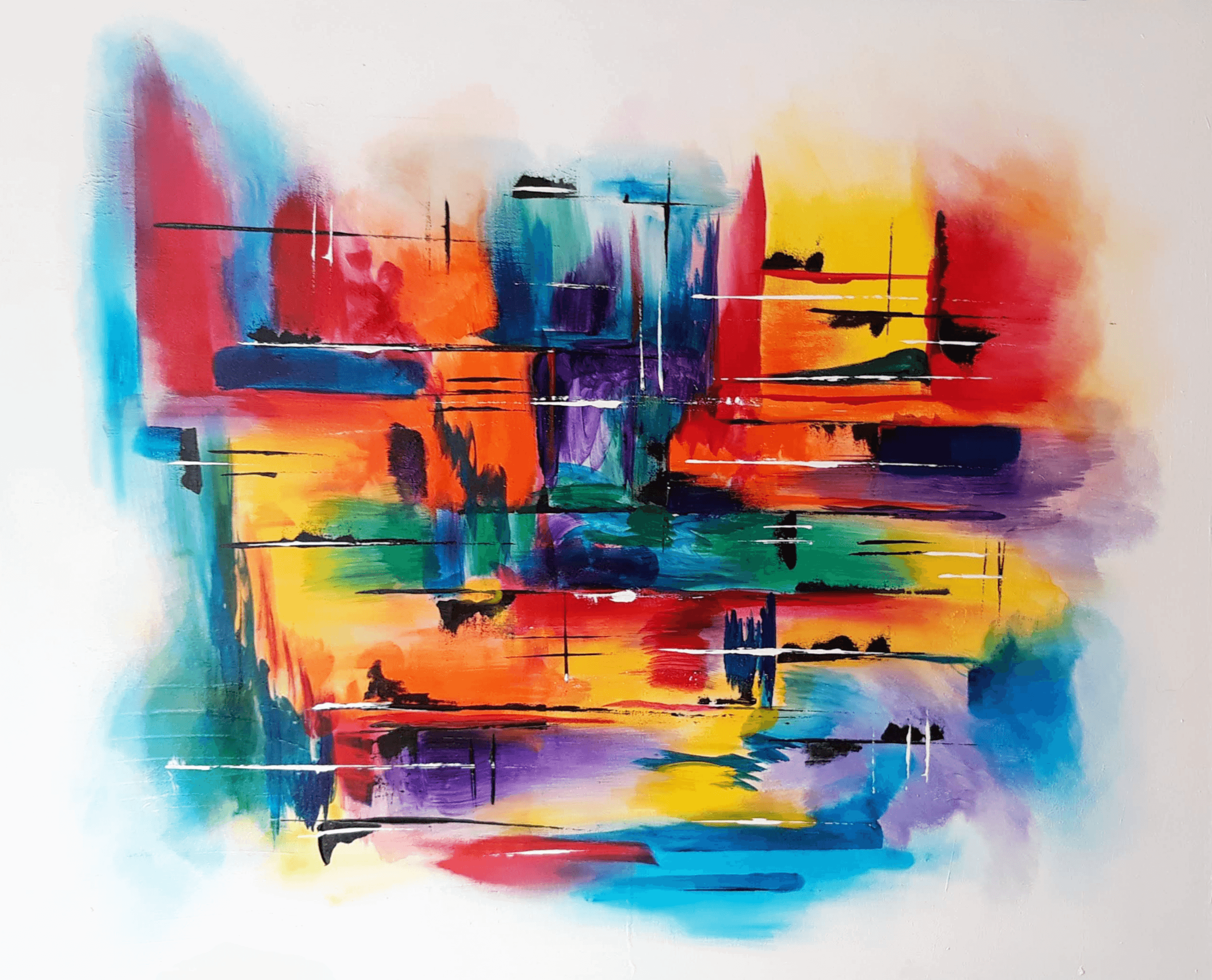 A vibrant abstract acrylic painting on canvas, weaving chaotic strokes and serene hues into a harmonious dreamscape of intense luminosity and geometric convergence. Artwork style - Abstrakt and technique Acryl auf Leinwand.