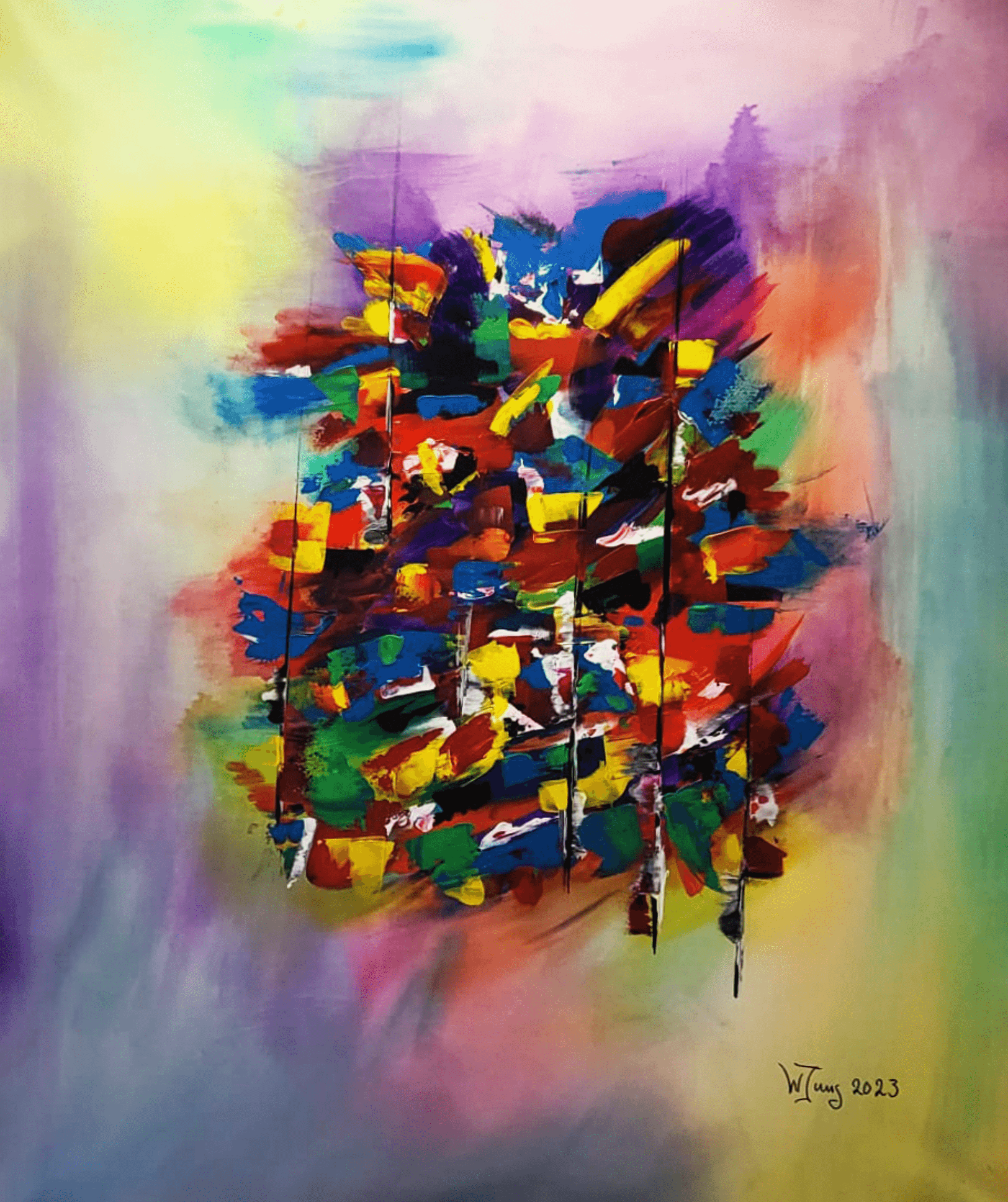 A vibrant acrylic abstract artwork on canvas, showcasing energetic brushstrokes and a chaotic explosion of colors like red, yellow, and blue, with a background gradient adding depth and motion. Artwork style - Abstrakt and technique Acryl auf Leinwand.