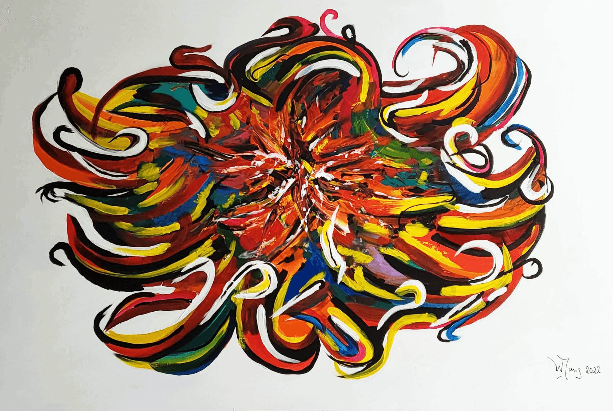 A vibrant acrylic abstract piece on canvas that captures an explosion of colors and dynamic swirling ribbons, evoking energy, chaos, and a harmonious fusion at its core. Artwork style - Abstrakt and technique Acryl auf Leinwand.